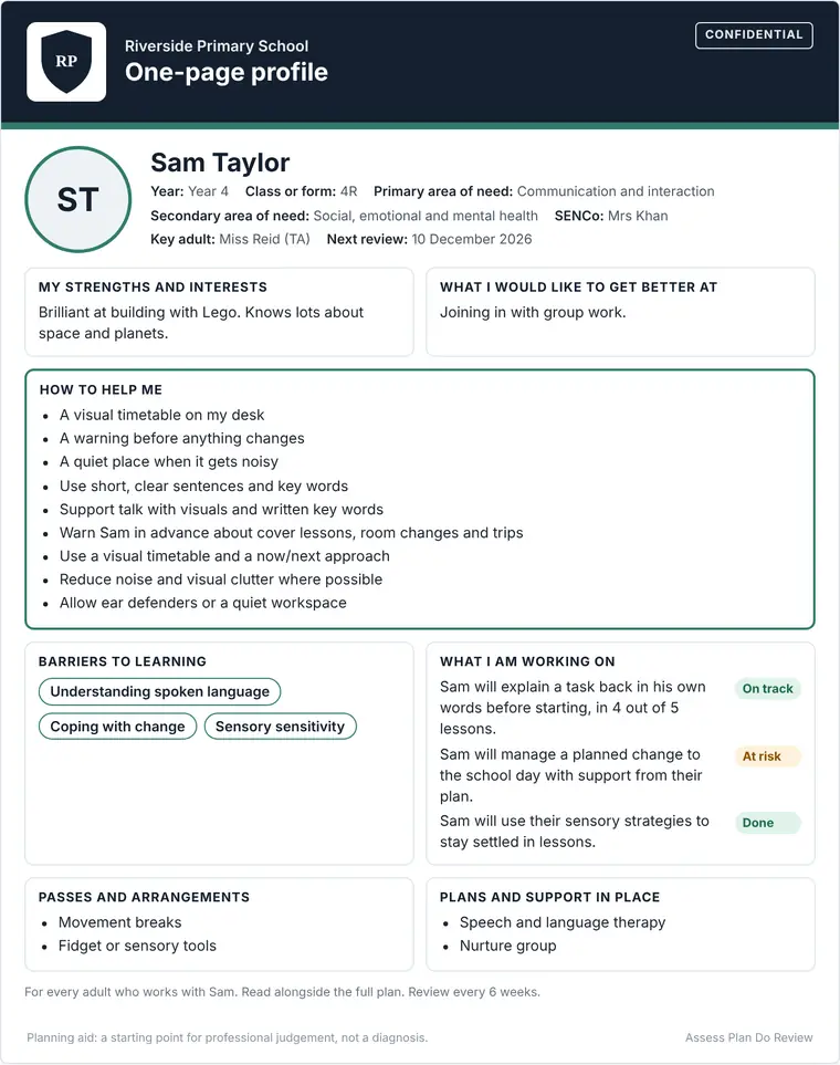 A finished one-page profile for a made-up pupil, Sam Taylor
